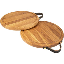 Lade das Bild in den Galerie-Viewer, Schneidebrett Eichenholz - rund 30 cm mit Saftrille und Ledergriff HOF