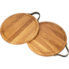 Lade das Bild in den Galerie-Viewer, Schneidebrett Eichenholz - rund 30 cm mit Saftrille und Ledergriff HOF