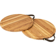 Lade das Bild in den Galerie-Viewer, Schneidebrett Eichenholz - rund 35 cm mit Saftrille und Ledergriff HOF