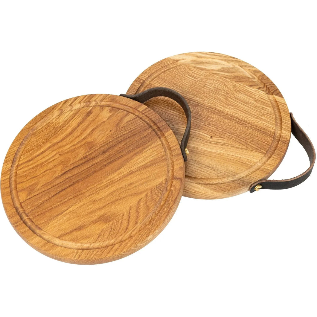 Schneidebrett Eichenholz - rund 30 cm mit Saftrille und Ledergriff HOF