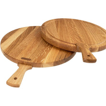 Lade das Bild in den Galerie-Viewer, Schneidebrett Eichenholz - rund 30 cm mit Saftrille und Griff HOF
